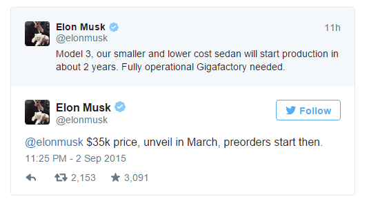 Ілон Маск: електромобіль Tesla Model 3 буде коштувати $ 35 тис